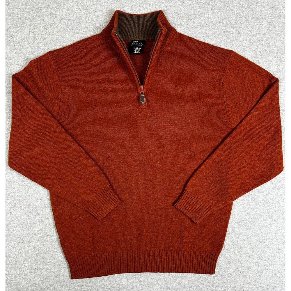 Jos A Bank Quarter Zip Sweater Mens XL Orange Brown‎ Lambswool Pullover